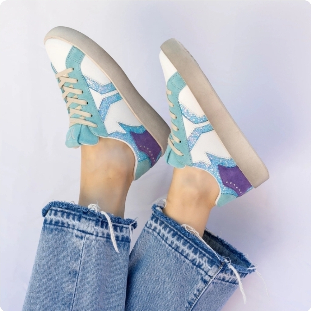Culture Of Brave | Womens Play Leather Sneakers In Retro Blue With Glitter Wing